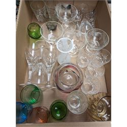 Collection of glassware, to include coloured drinking glasses, Caithness vase, etc