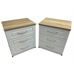 Pair of large oak and white finish three drawer bedside chests