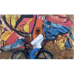 Continental School (Late 20th Century): The Cyclist, gouache collage unsigned 23cm x 36cm 