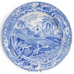 Two 19th century Spode 'Indian Sporting Series' blue and white transfer printed plates, comprising 'Death of the Bear' D25cm and 'Common Wolf Trap' D21cm (2)