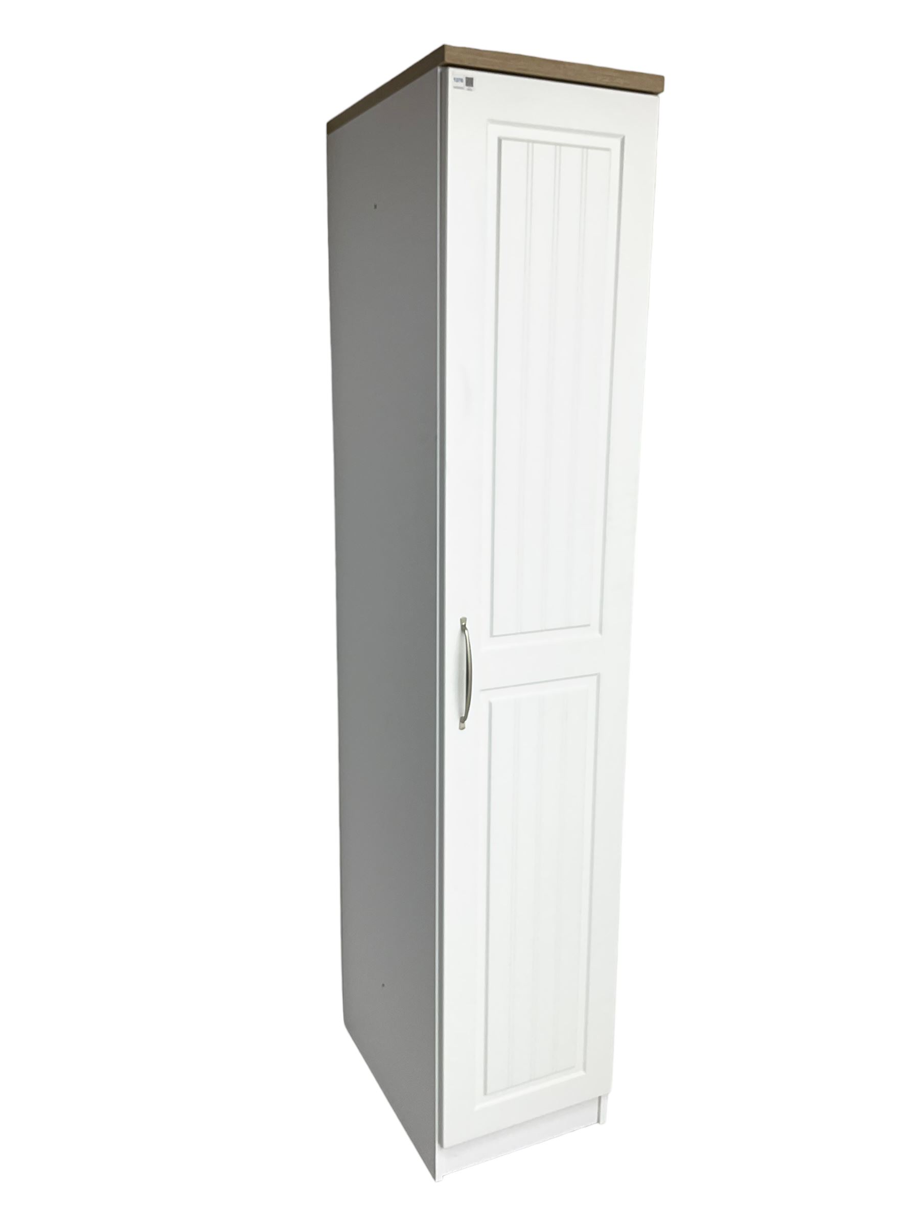 Oak and white finish tall narrow single wardrobe, fitted with shelves