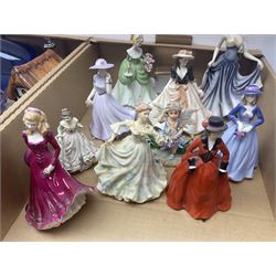 Five Royal Worcester figures including Emma and Felicity, together with similar figures, glass animals, paperweights, Murano glass clown, and a collection of animal figures, etc, in three boxes