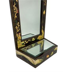 Chinoiserie design wall hanging mirror with shelf, the rectangular frame with raised decoration depicting birds and landscapes, fitted with bevelled glass 