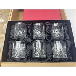 Set of six Royal Scot whisky tumblers, together with cased set of Thomas Wedd glasses, decanters and other glassware, in three boxes 