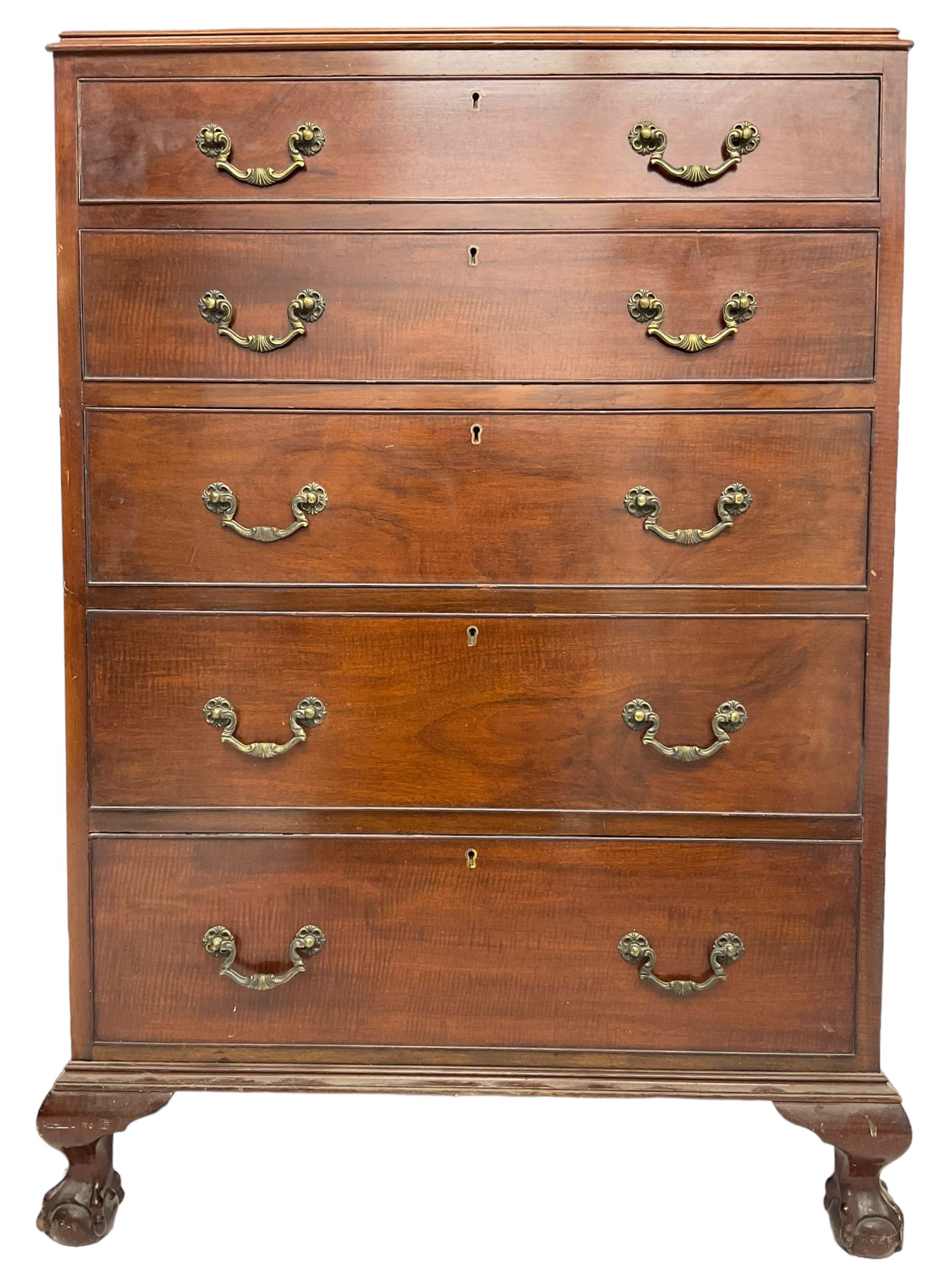 Early 20th century Georgian design chest, fitted with five graduating cock-beaded drawers, lower moulded edge over ogee supports with ball and claw feet