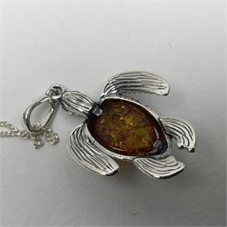 Silver Baltic amber turtle pendant necklace, stamped 925
