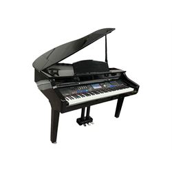 Minster Pianos - Grand 1000 digital grand piano with three foot pedals, touchscreen LCD display, 88 hammer action keys and 8 touch sensitive pads, housed within glossy black lacquered case; adjustable brown upholstered stool