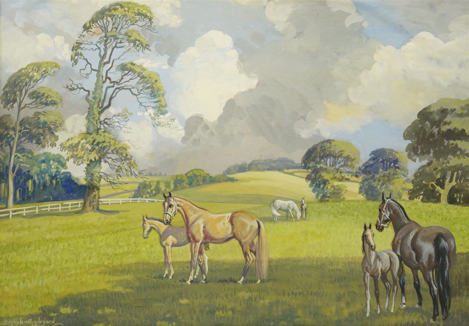 Joseph Appleyard (Yorkshire 1908-1960): Horses and Foals in the Pasture, gouache signed 35cm x 49cm