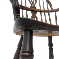 19th century yew wood and elm Windsor armchair, low double hoop stick and pierced splat back, dished seat on turned supports united by crinoline stretchers