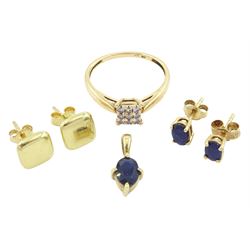 Pair of gold oval cut sapphire stud earrings, similar pendant, diamond set square cluster ring, total diamond weight 0.15 carat and a pair of stud earrings, all 9ct