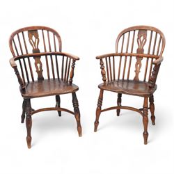 Near pair of 19th century elm and ash Windsor armchairs, each with double hoop and stick b...