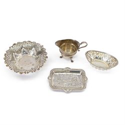 Small Victorian silver dish embossed with figural design and engraved 'Sir Walter Raleigh'...