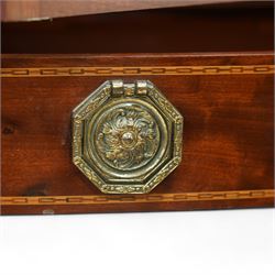 Edwardian mahogany glazed display cabinet, projecting cornice over astragal glazed doors enclosing three velvet lined shelves, over two bow-front drawers with Tunbridge Ware style inlaid stringing, on pierced end supports united by undertier