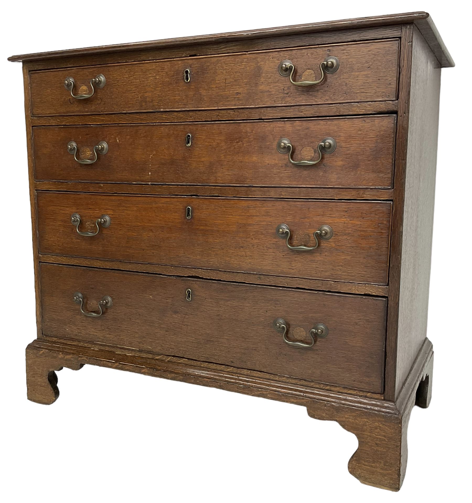 George III oak chest, moulded rectangular top over four long cock-beaded drawers, on bracket feet