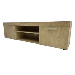 Light oak finish television stand, fitted with two cupboards and central shelf