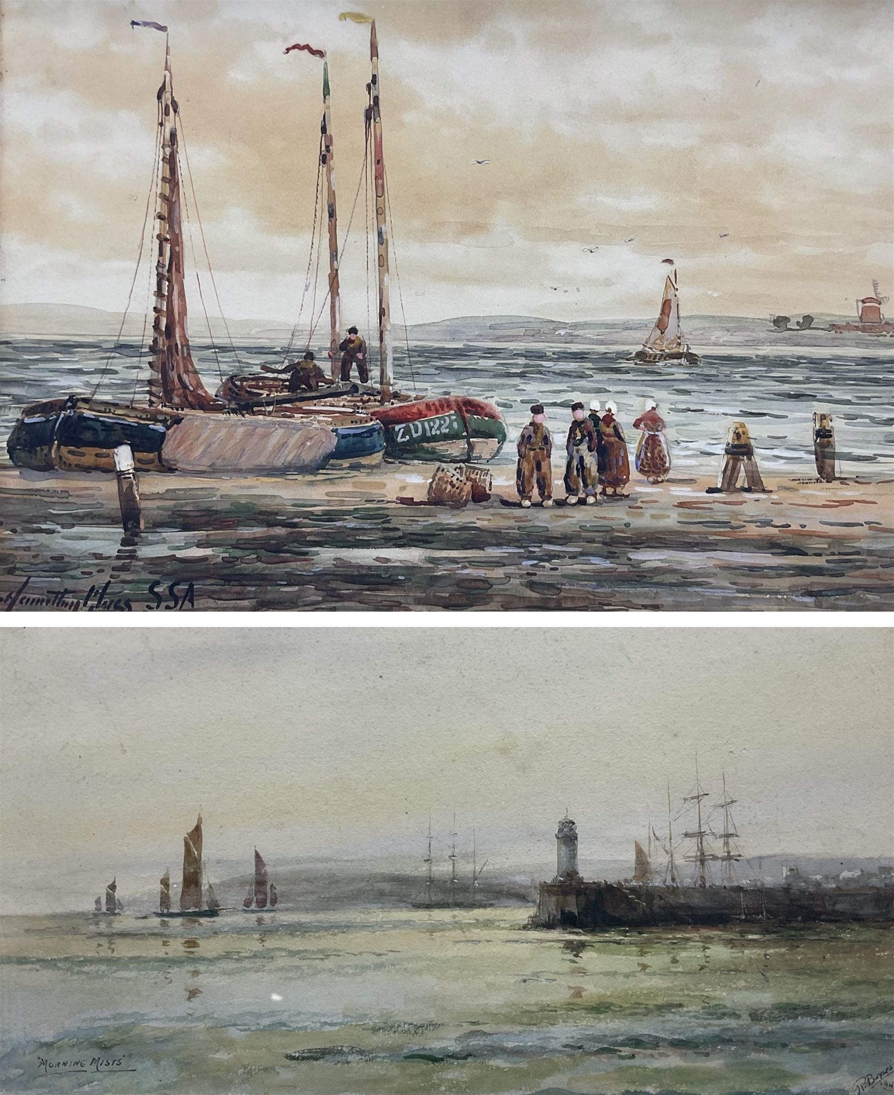 John Hamilton Glass (Scottish 1820-1885): Dutch Fishermen on the Shore, watercolour signed 24cm x 34cm; R Bayles (British 20th century): 'Morning Mists', watercolour signed titled and dated 1947, 14cm x 26cm (2)