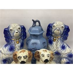 Pair of blue Staffordshire style dogs, together with a smaller brown pair, fish vase, oriental style ginger jar and four preserve jars including a Shelley example