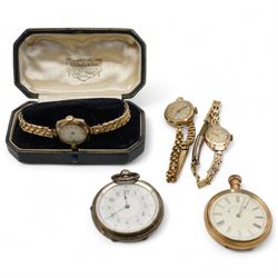 Three 9ct gold ladies manual wind wristwatches, on gilt straps, silver pocket watch and a ...