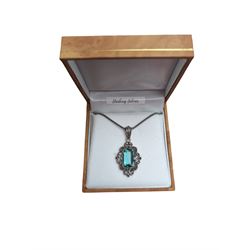 Silver green quartz and marcasite pendant necklace, stamped 925, boxed 