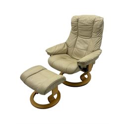 Ekornes Stressless - swivel armchair upholstered in cream leather (W81cm, H103cm); together with matching stool (W49cm)