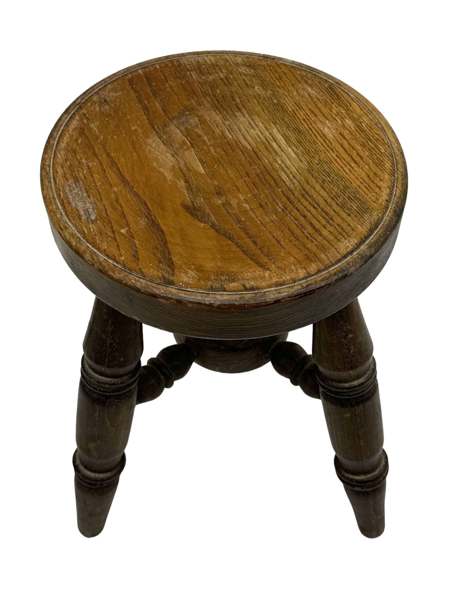 Victorian mother-of-pearl inlaid side chair; pair of miniature oak square stools; round stool; display stand with zigzag support column and brass dish; and a carved inlaid hardwood table top (6)