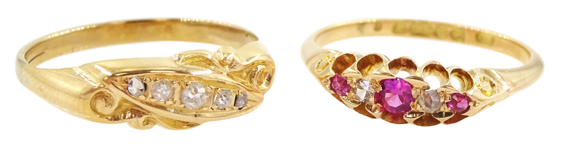 Early 20th century gold five stone diamond ring and a 15ct gold pink and clear paste stone set ring, Chester 1896