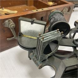 1940s Heath & Co brass and copper 'Hezzanith' sextant No. H412, in original oak carrying case, the inside lid with examination certificate dated 1942, together with a patinated brass miners level, in wooden box inscribed G.H Burrows