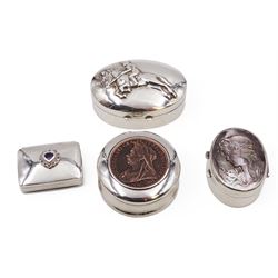 Four silver boxes, comprising oval example embossed with horse and rider, a rectangular example set with heart shaped amethyst, an oval example with set with carved abalone shell portrait, and a circular example set with Victorian penny, all hallmarked 