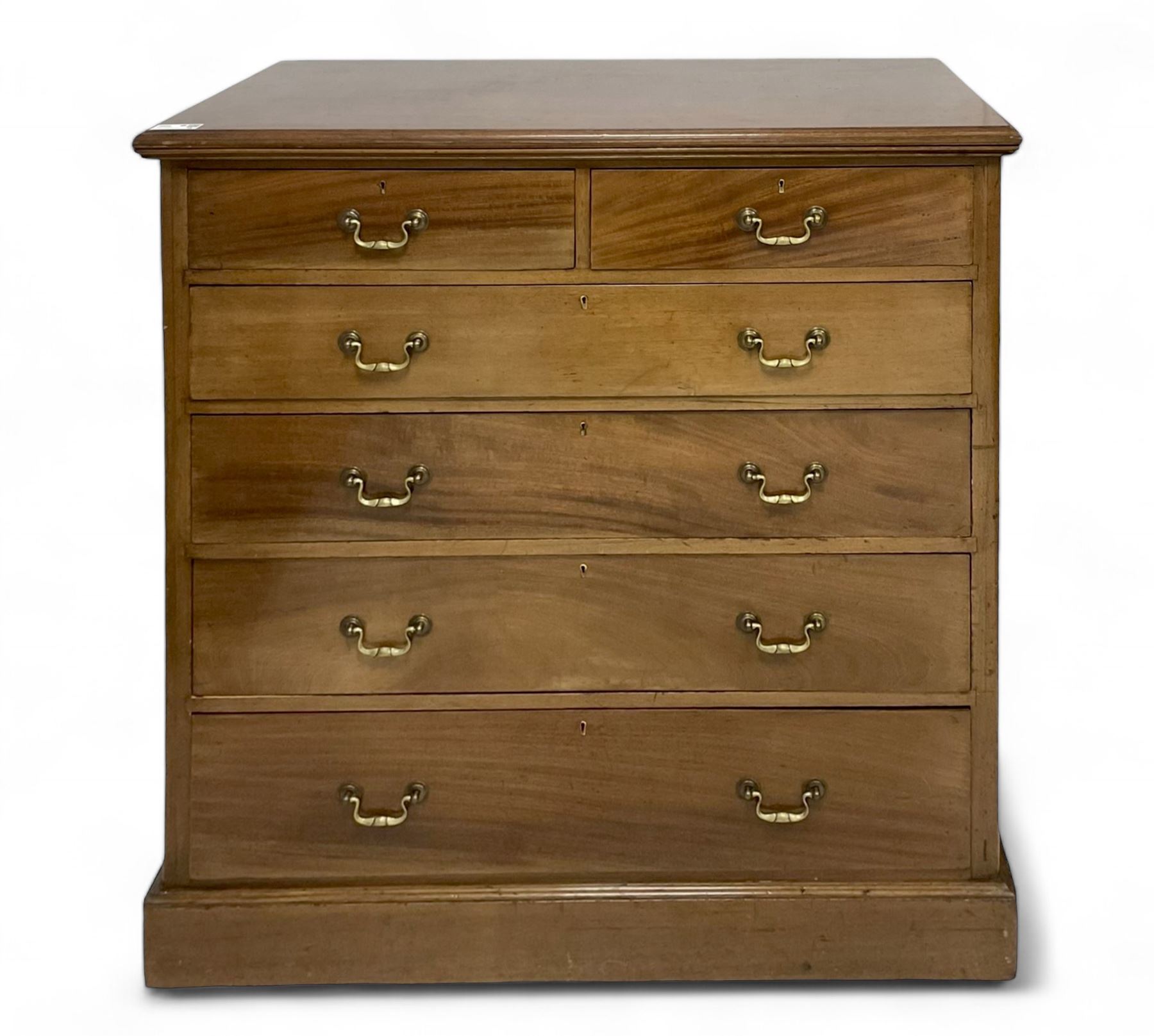 Large Victorian mahogany chest, moulded rectangular top over two short and three long graduating drawers, on plinth base 