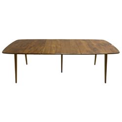 Ercol - light elm and beech 'Slide Leg Expanding Dining Table (444)', rectangular top with rounded corners, raised on tapered splayed supports, with two additional leaves