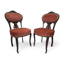 Pair of Edwardian inlaid rosewood salon chairs, upholstered in dusky pink fabric with gimp...