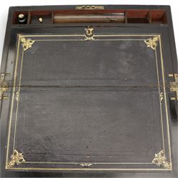 19th figured walnut and brass bound writing slope, the hinged cover opening to reveal a tooled black leather writing surface, pen tray and various compartments, L50cm x H18.5cm