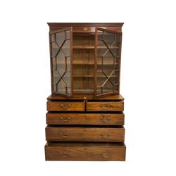 George III mahogany chest of drawers surmounted by a later bookcase, dentil cornice over inlaid frieze and astragal glazed doors, the chest fitted with two short over three long cock-beaded drawers, on bracket feet