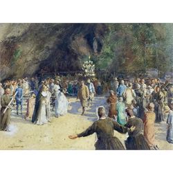 Mary Winifred Freeman (British 1866-1961): Figures at the Healing Shrine Lourdes, watercolour signed 22cm x 30cm