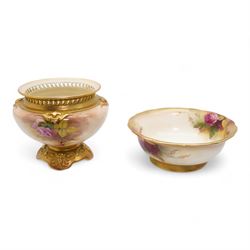 1920s Royal Worcester porcelain rose bowl, the flattened baluster body hand painted with r...