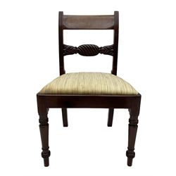 Georgian design set of six (6+2) mahogany dining chairs, the bar cresting rail inlaid with figured mahogany panel, shaped twist lobe carved middle rail with extending stylised leaf decoration, upholstered drop-in seat, on turned front supports 