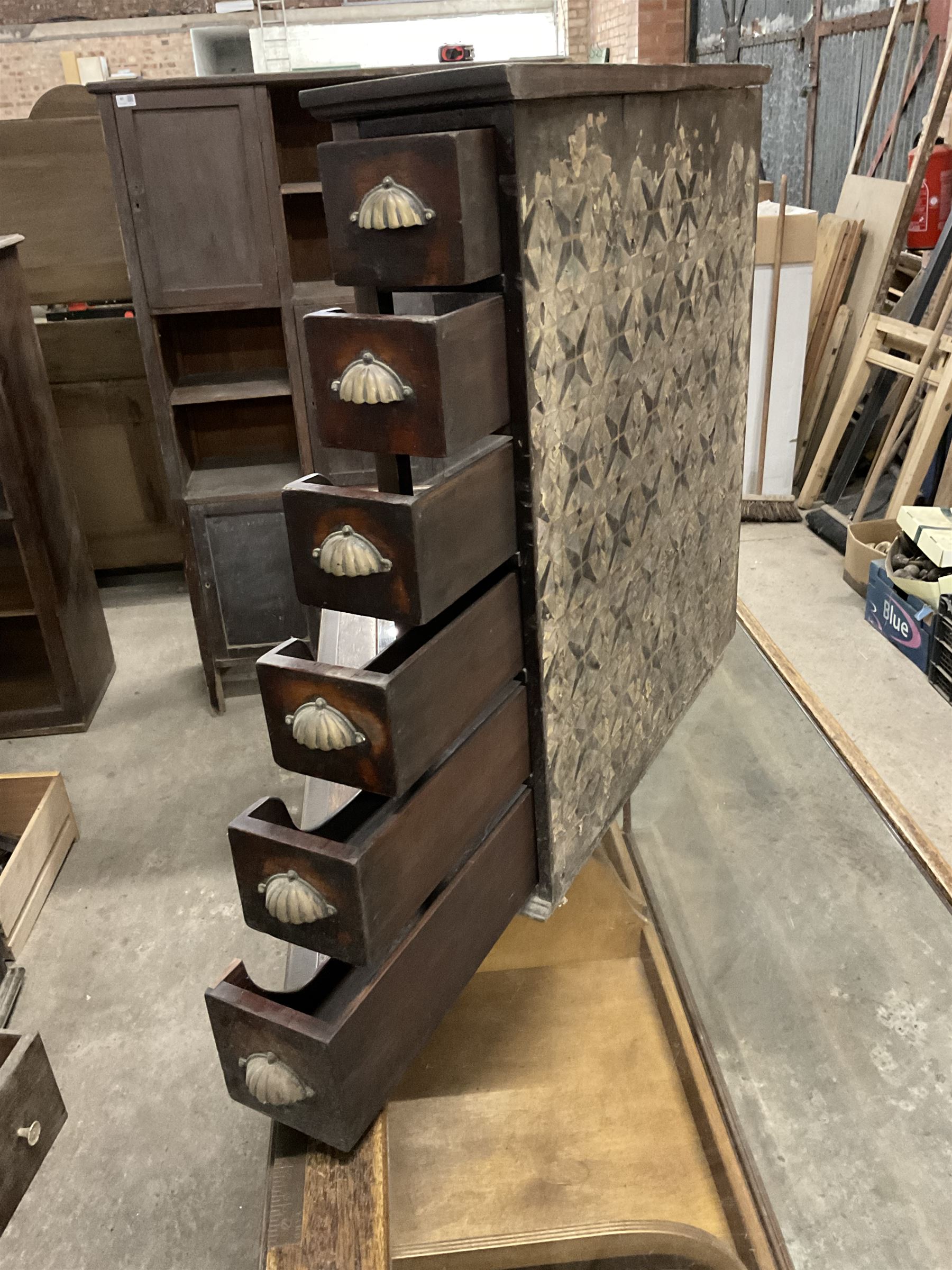 Early 20th stained pine and glazed wall mounting cigarette shop display cabinet, fitted with six sliding drawers with divisions and scalloped handles  - THIS LOT IS TO BE COLLECTED BY APPOINTMENT FROM THE OLD BUFFER DEPOT, MELBOURNE PLACE, SOWERBY, THIRSK, YO7 1QY