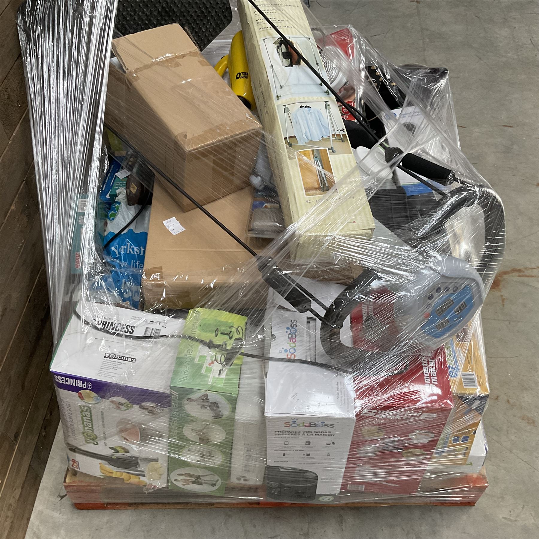 Four pallets of domestic goods to include, cleaning equipment, vacuums, exercise equipment, cooking items, Brother printer, garden loungers, irons and more… approx. 60 items