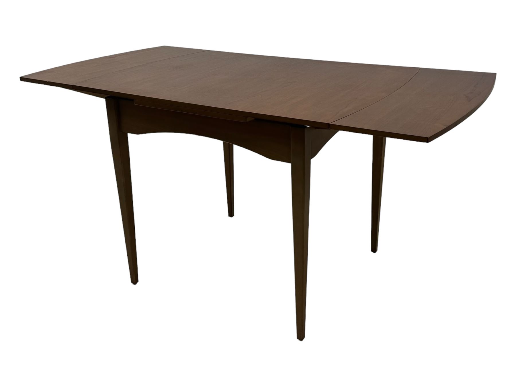 Mid-20th century teak dining table, draw-leaf action extending top, on square tapering supports (98cm - 148cm x 76cm, H75cm); and a set of three dining chairs 