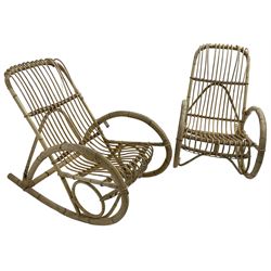 Pair of mid-20th century bamboo rocking chairs, in the style of Rohé Noordwolde