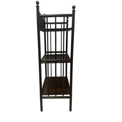 Arts and Crafts stained beech three tier etagere, three-quarter raised gallery back with bamboo style spindles