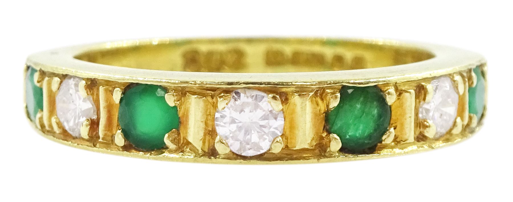 18ct gold round seven stone emerald and brilliant cut diamond half eternity ring, London 1977, total diamond weight approx 0.20 carat