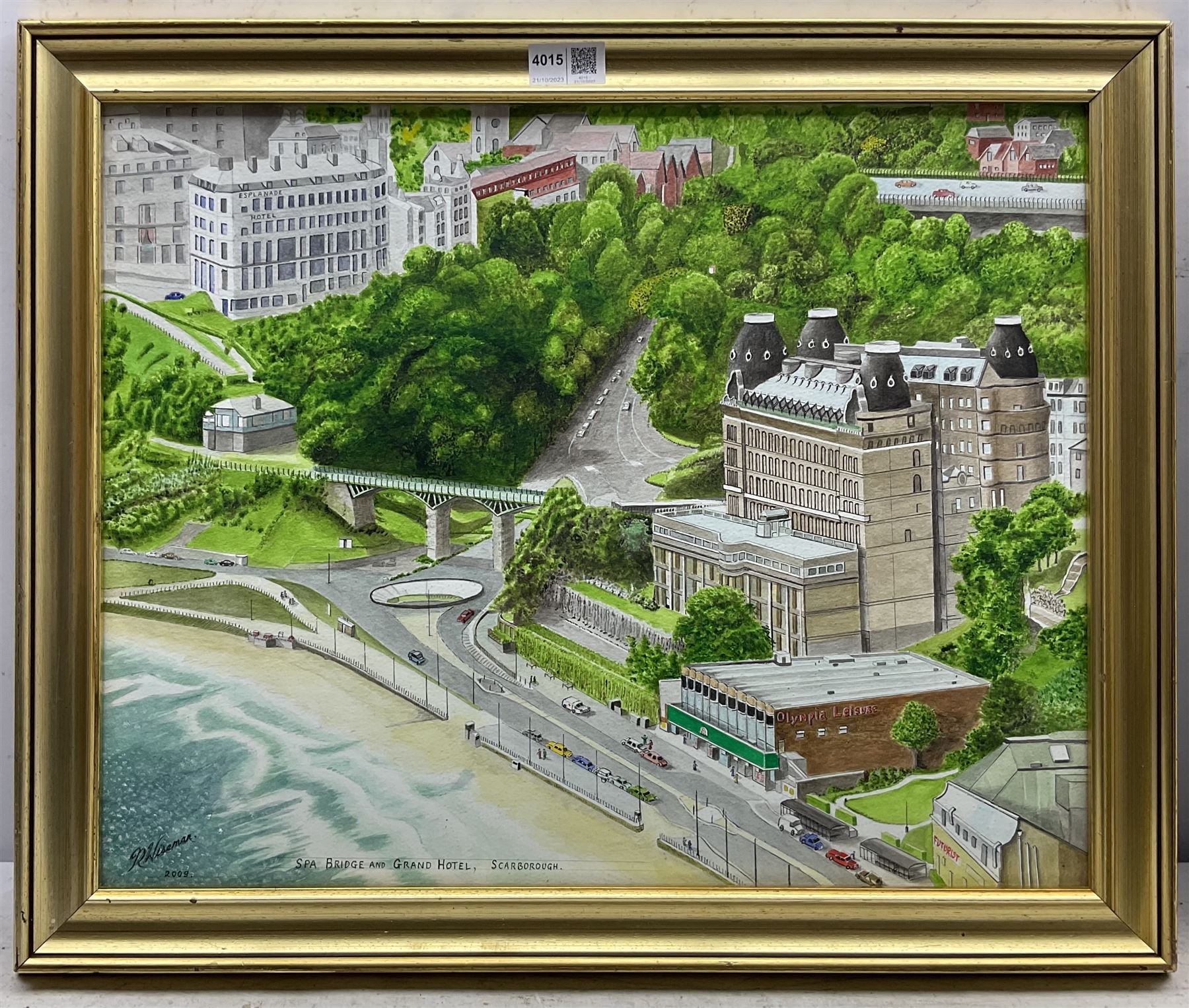 R Wiseman (British Contemporary): 'Spa Bridge and Grand Hotel Scarborough', watercolour and ink signed titled and dated 2009, 40cm x 50cm; T Russell (British 20th century): Still Life with Chrysanthemums, watercolour signed 27cm x 38cm (2)