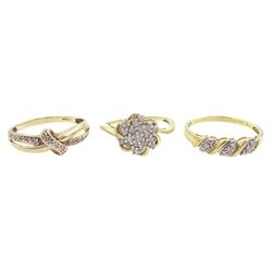 Three 9ct gold diamond rings including crossover and flower head cluster, all hallmarked