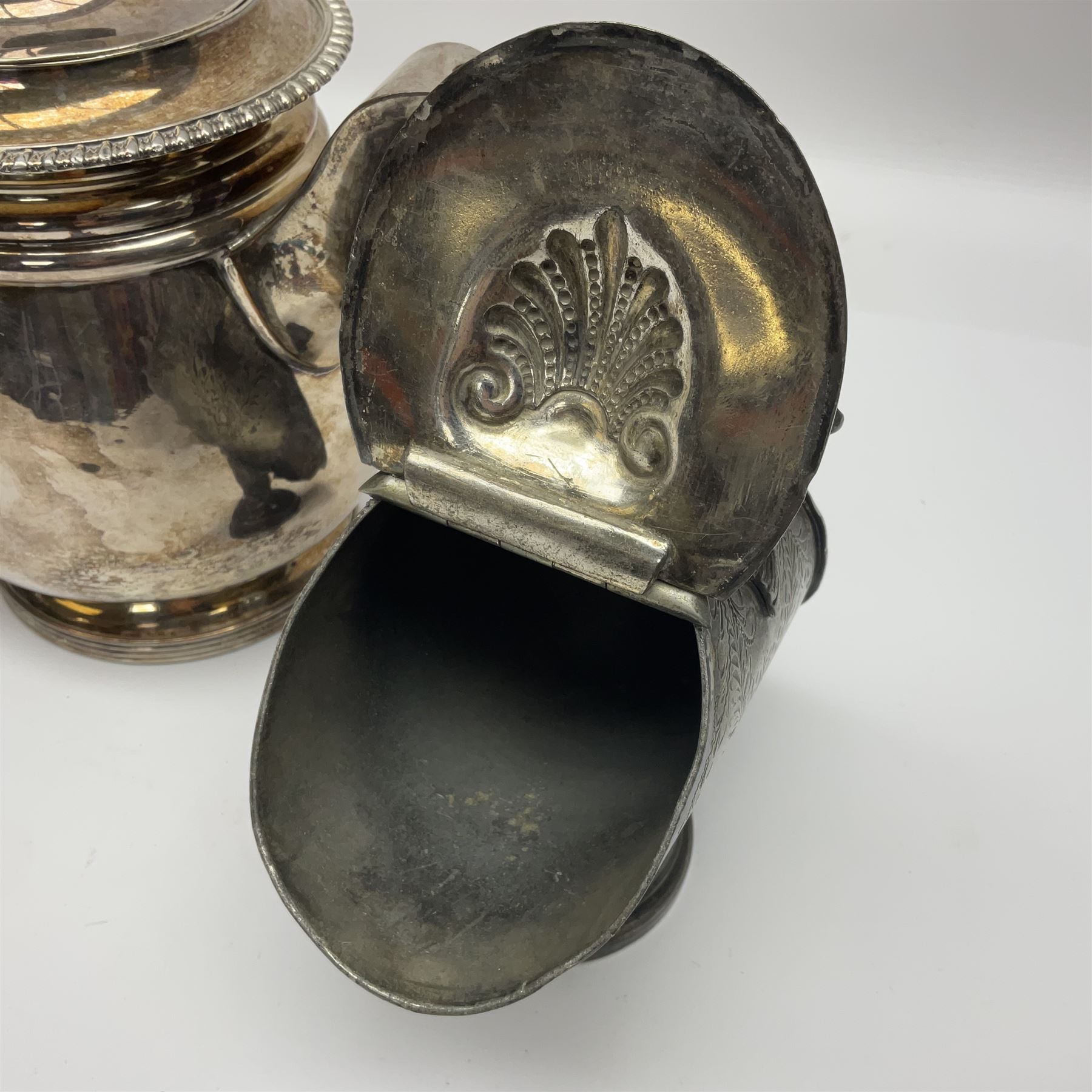 19th century silver plated coffee pot, of bellied form with fruitwood handle and finial, together with a silver plated novelty sugar bowl i the form of a coal scuttle and a pair of silver plated embossed vases, coffee pot H20cm