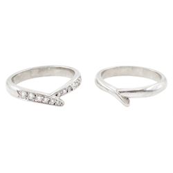 Platinum channel set, round brilliant cut diamond crossover ring, with matching platinum w...