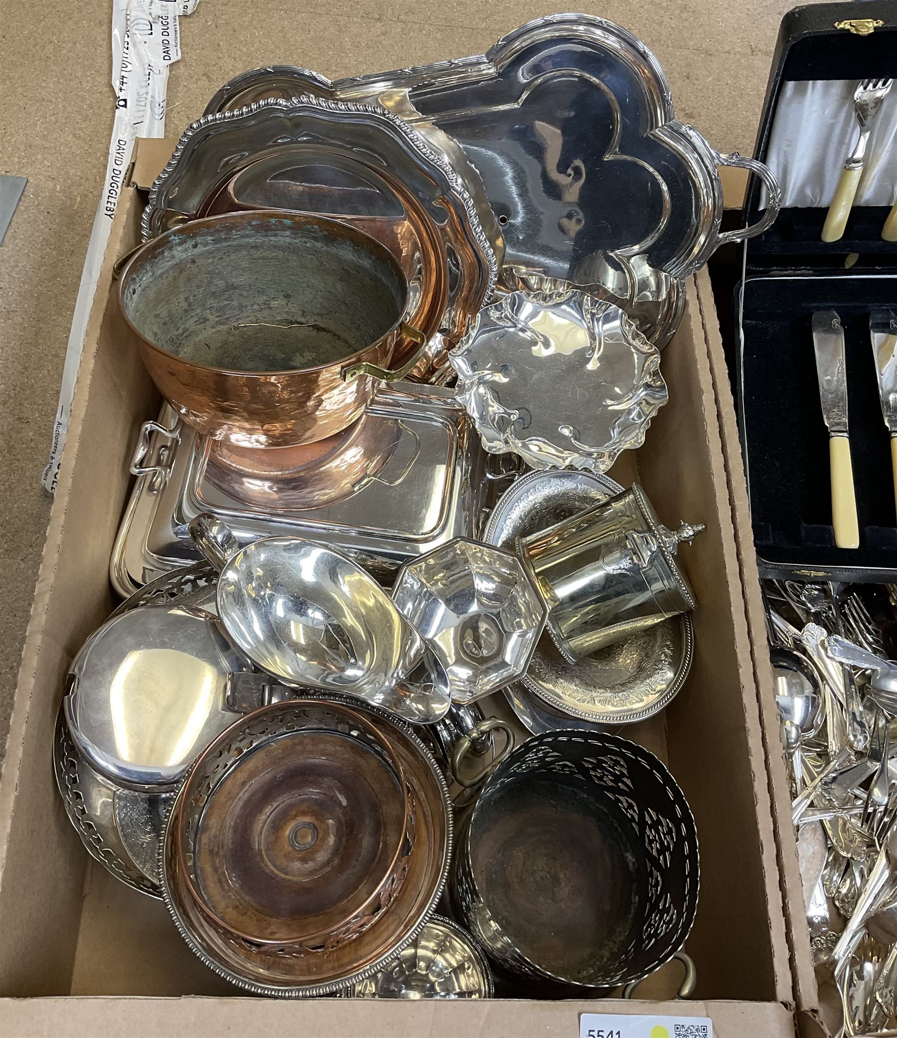 Metalware, mostly silver plate, to include entree dish and cover, bottle coasters, pedestal dishes, large quantity of cased and uncased flatware, small copper twin handled pan, etc., in two boxes