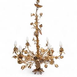 Late 20th century repousse gilt metal work chandelier, five projecting branches, decorated...