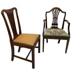 Early 19th century mahogany elbow chair, shaped cresting rail over pierced splat, floral needlework upholstered seat, on square tapering moulded supports (W56); early 20th century mahogany side chair (2)