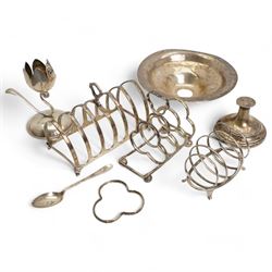 Silver six division toast rack with loop handle Birmingham 1934 Maker Adie Bros., small four division toast rack, plated rack, silver sweetmeat dish and 800 standard egg cup 